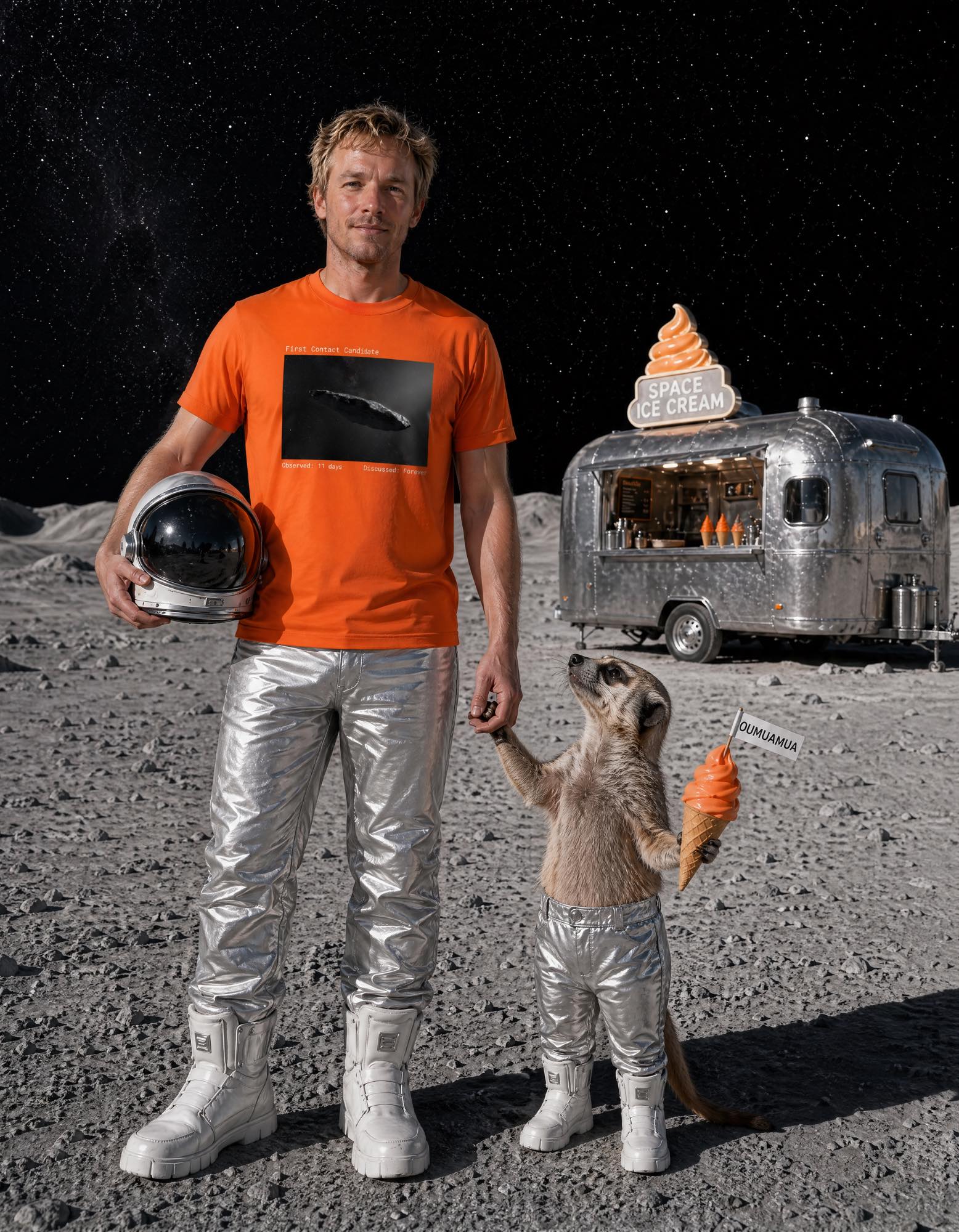 Pánské oranžové IT tričko pro ajťáka — muž v astronautském obleku stojí na Měsíci se surikanem v astronautském obleku, který drží nanuk, v pozadí Space Ice Cream truck. IT tričko Oumuamua, My Kernel Panic, dárek pro ajťáka, vtipné tričko pro programátora.