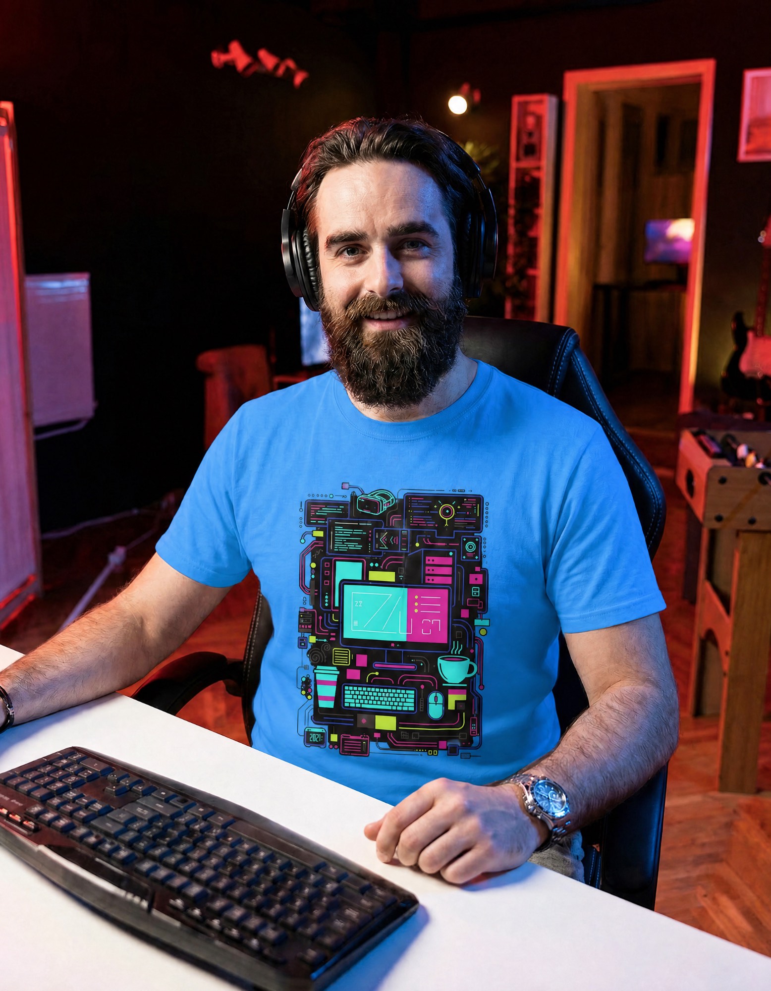 Pánské IT tričko modré My Kernel Panic SYS-INT — gamer v herní místnosti s sluchátky u klávesnice s retro počítačovým motivem plným kódu, kávy a elektroniky. IT tričko pro ajťáka, vtipné tričko pro programátora, dárek pro ajťáka, My Kernel Panic