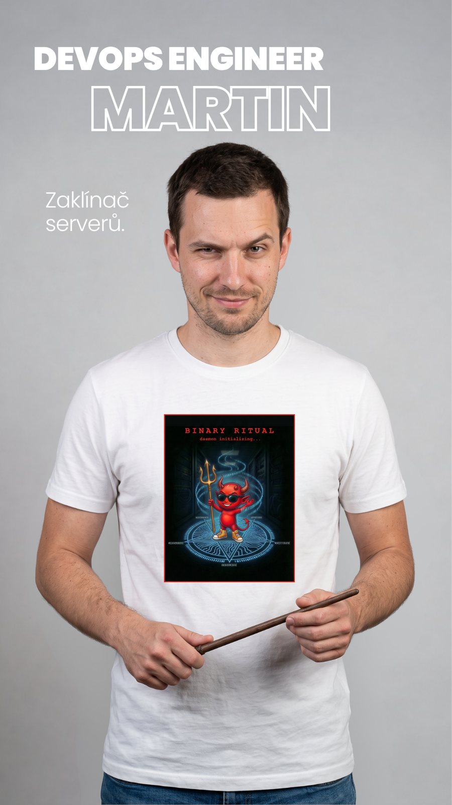DevOps engineer Martin v tričku Binary Ritual drží kouzelnou hůlku